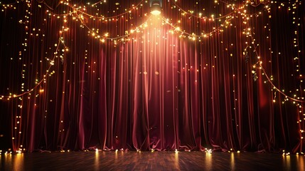 A festive theater stage with maroon curtains adorned with twinkling fairy lights, with a warm spotlight ready to highlight a holiday performance.