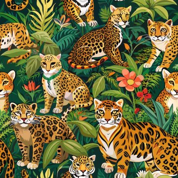 Seamless pattern of elusive jungle cats like ocelots, margays, and clouded leopards, camouflaged among dense foliage and dappled sunlight, Generative AI