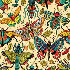Seamless pattern of exotic insects and arachnids like butterflies, dragonflies, and spiders, showcasing their intricate details and vibrant colors, Generative AI