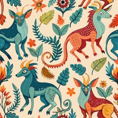 Seamless pattern of exotic reptiles such as snakes, chameleons, and iguanas, blending seamlessly into their natural habitat with intricate patterns and textures, Generative AI