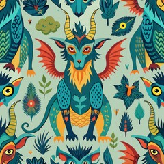 Seamless pattern of fantastical creatures inspired by mythology and folklore, blending elements of real and imaginary animals into a whimsical design, Generative AI
