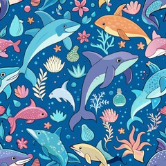 Fototapeta premium Seamless pattern of graceful sea creatures like dolphins, whales, and sea turtles swimming amid coral reefs and ocean waves, Generative AI