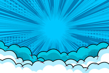 Blue Comic burst background with cloud and rays cartoon style