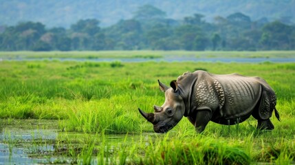Fototapeta premium Two rhinoceroses grazing in a lush green field with a swampy background, capturing their majestic presence in the wild