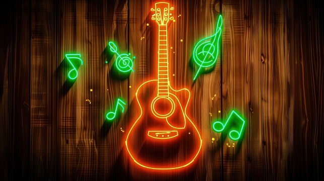 A glowing neon sign depicting a classic acoustic guitar in orange neon, with green neon notes floating around, against a dark wood panel background to enhance a cozy music shop vibe. - Powered by Adobe