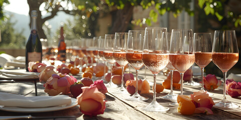 Tchim-tchim com taças de champanhe numa mesa de celebração