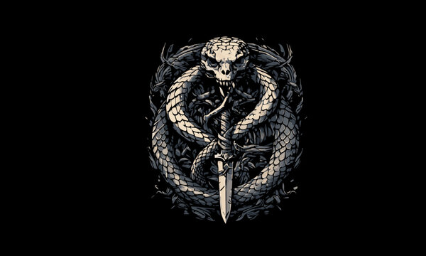 Snake and sword illustration, t-shirt design vector