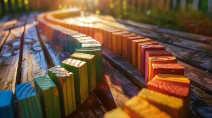 Vibrant dominoes arranged in a mesmerizing spiral, poised to fall, on a rustic wooden table, casting long shadows from the setting sun