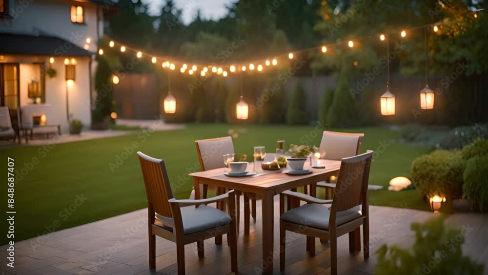 Poster backyard dinner table with string lights generative ai