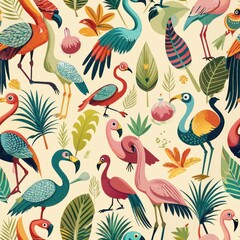 Naklejka premium Seamless pattern of unique avian species like flamingos, peacocks, and hornbills, displaying their striking feathers and distinctive features, Generative AI