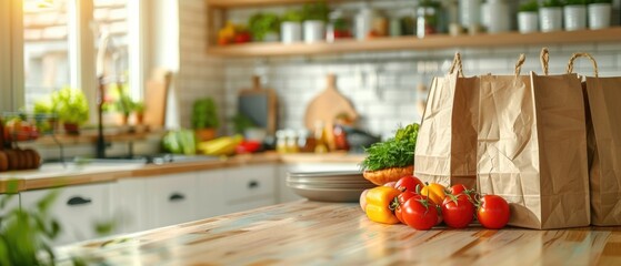 Bag with groceries on the table in the kitchen