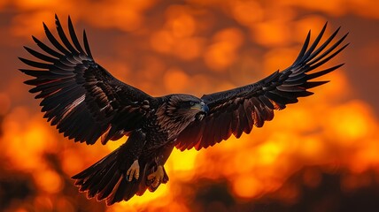 Obraz premium Majestic Eagle Soaring Against a Vibrant Sunset Sky with Fiery Orange Hues