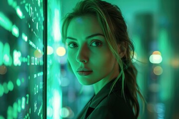 Obraz premium Woman standing in front of green background