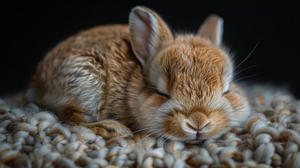 Little cute rabbit sleeps on a knitted bedding. Favorite pet theme.