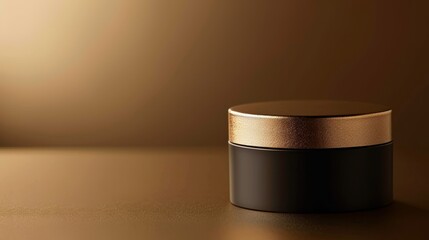 Close-up view of luxury cream packaging, color gradient, dark gold backdrop, highlighting elegant design