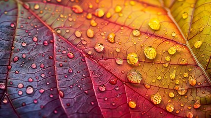 Fototapeta premium Colorful macro shot of a leaf with dew drops, highlighting the intricate details and rich hues of its natural texture