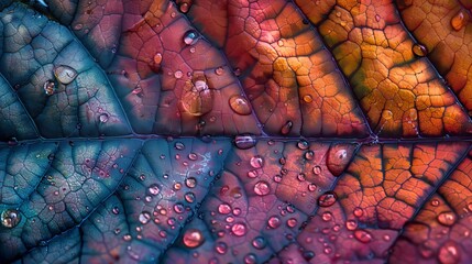 Colorful macro shot of a leaf with dew drops, highlighting the intricate details and rich hues of its natural texture