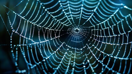 Fototapeta premium Detailed macro photograph of a spider web, highlighting the complex and delicate overlapping threads, representing the gluon wind's interconnectedness
