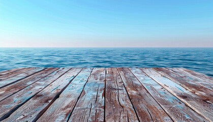 Empty old wooden surface or table on a blurred background of the Ocean. An empty wooden pier on the background of a seascape. Mock-up of a showcase for demonstrating  products tourism. Copy space