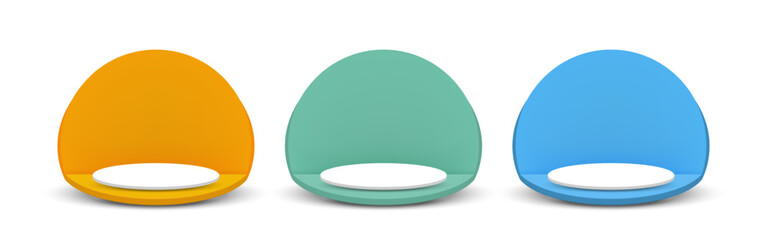 Set of podium design with on yellow, green, blue modern curve pedestal shelf on white background. Stage platform for display product, show, sale. Vector illustration.