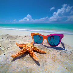 A vibrant summer beach holiday with colorful sunglasses and starfish on sandy tropical shore. Perfect for travel and vacation related designs.