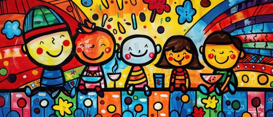 A lively pop art scene of kids having a picnic in a bright and colorful setting The background is filled with playful designs and vivid colors capturing the fun and relaxed atmosphere The children