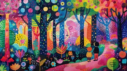 A vibrant pop art depiction of kids exploring a colorful and imaginative forest The background is filled with bright colors and playful designs creating a sense of wonder and adventure The children