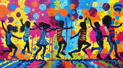 A playful pop art scene of kids having a dance party The background is filled with bold patterns and vibrant colors creating a sense of excitement and fun The children are shown dancing to the music