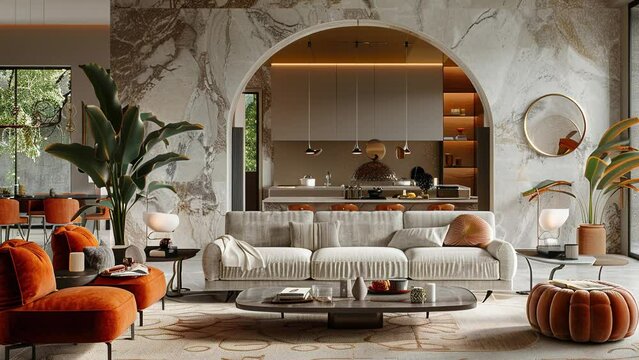 Home decor. Image of an exotic Luxurious interior design of white kitchen. Elegant interior design. Dining room with windows and living room in one space. Home interior design detail of Modern clean