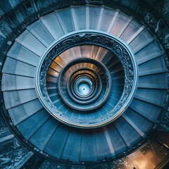 Fototapeta premium Escalera en espiral vista desde arriba con iluminación azul y detalles arquitectónicos intrincados