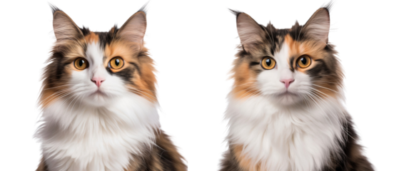 Funny face of two calico cats looking at camera, isolated on transparent background