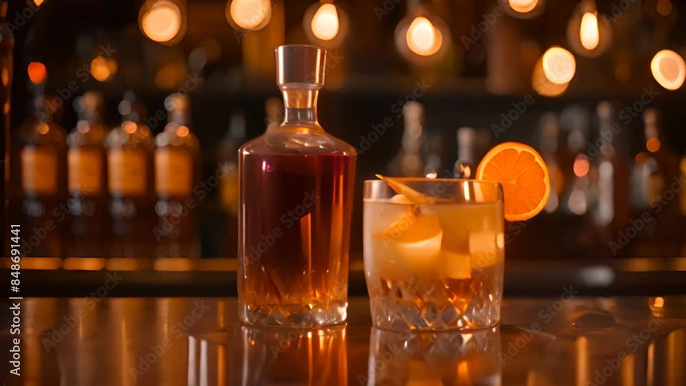 Poster decanter and cocktail on bar counter generative ai