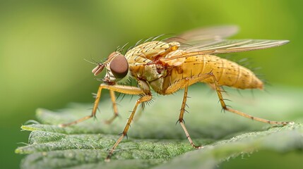 Naklejka premium Detailed macro shot of a fly resting on a leaf, focusing on its delicate wings and the fine details of its body