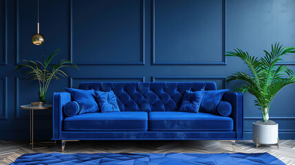 Obraz premium Elegant interior design. Modern interior design of the living room. Image of an exotic Interior of living room with blue sofa. Home decor. Stylish interior of cozy warm living room. 