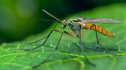 Fototapeta premium Detailed macro shot of a fly resting on a leaf, focusing on its delicate wings and the fine details of its body