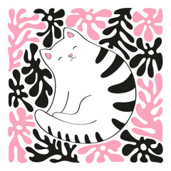 Vector animal illustration with cute hand drawn line art cat and abstract plants isolated on white background. Modern design for card print, poster, nursery decoration, t-shirt