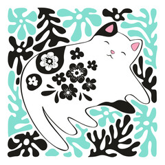 Vector animal illustration with cute hand drawn line art cat and abstract plants isolated on white background. Modern design for card print, t-shirt, poster, nursery decoration