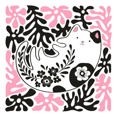 Vector animal illustration with cute hand drawn line art cat and abstract plants isolated on white background. Modern design for t-shirt print, card, poster, nursery decoration