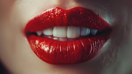 Obraz premium Close-up of womans mouth with red lipstick