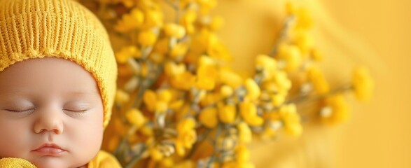 Fototapeta premium Sleeping newborn baby in yellow hat with flowers