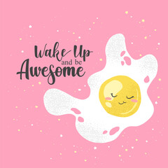 Vector illustration with cute hand drawn cartoon egg and lettering isolated on pink background. Design for poster print, wallpaper, card, decoration, menu