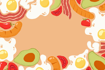 Vector illustration with hand drawn abstract fried eggs, bacon, sausages, tomatoes, avocados frame isolated on color background. Food illustration clipart for decor print, card, menu