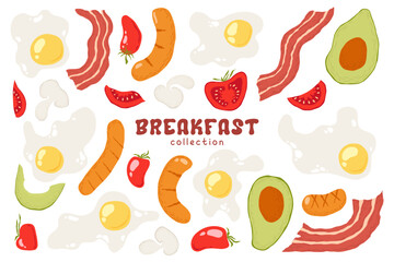 Vector illustration with hand drawn abstract fried eggs, bacon, sausages, tomatoes, avocados isolated on white background. Food illustration clipart for decor print, card, menu