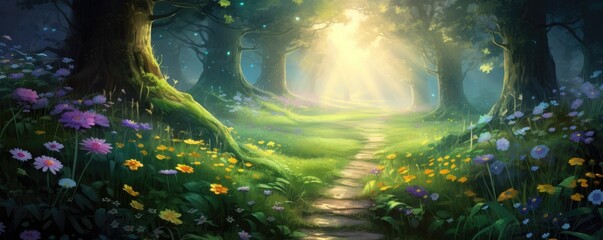 Sunlit forest path with wildflowers