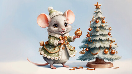 Cutest mouse decorates christmas tree, happy xmas nursery decoration art