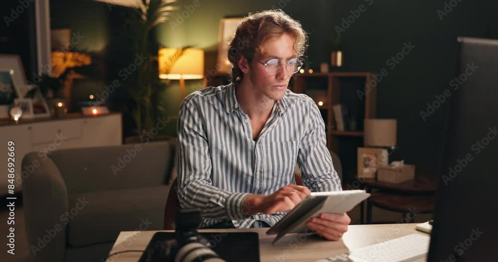 Aufkleber night, office and man with tablet for editing, creative photography and software for online design w