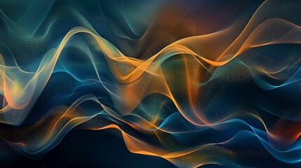 Fototapeta premium Elegant dark abstract with gold and black tones, geometric wave patterns, blue gradients, and hints of orange, green, red, blue