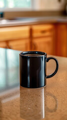 A black coffee mug sits on a countertop with a steamy swirl of coffee inside