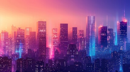 Fototapeta premium Evening cityscape with high-rise buildings illuminated by gradient lights, blending smoothly from one color to another, creating a dynamic scene