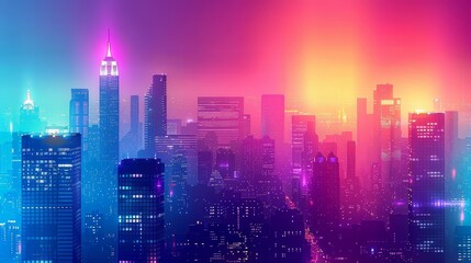 Fototapeta premium Evening cityscape with high-rise buildings illuminated by gradient lights, blending smoothly from one color to another, creating a dynamic scene